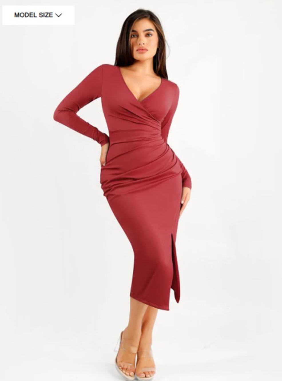 NEW - Popilush Shapewear Ruched Long Sleeve Faux Wrap Slimming Midi Dress - XL